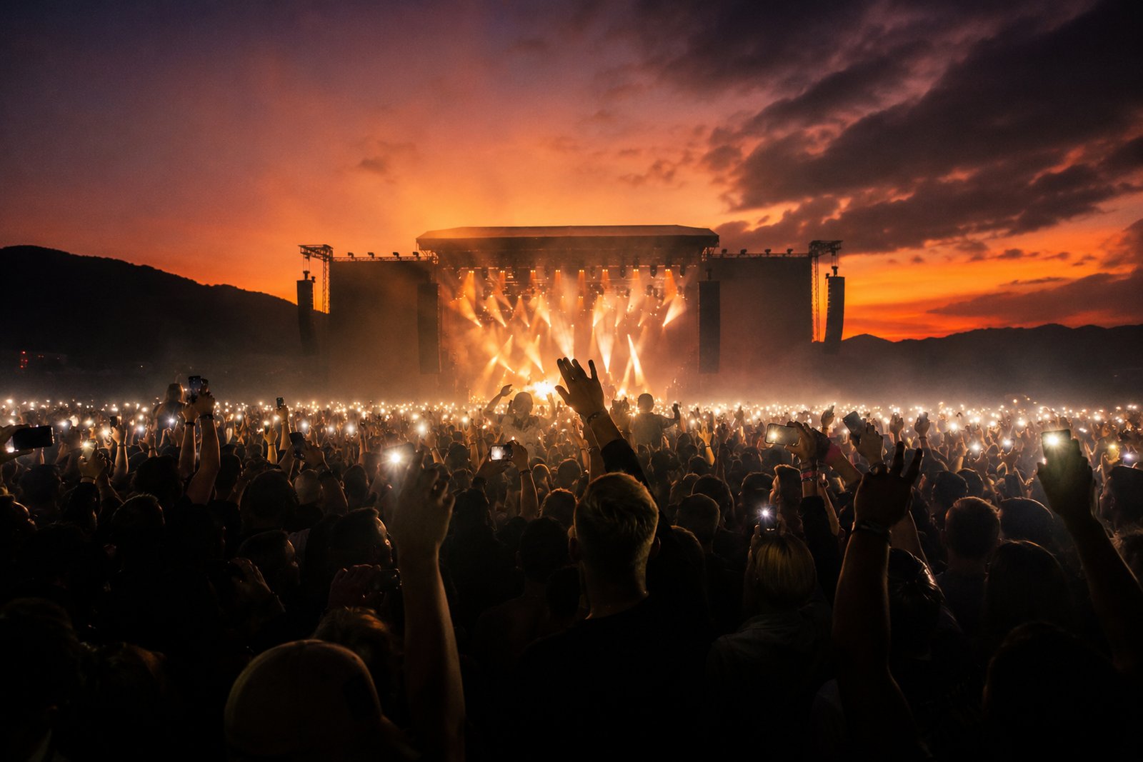 A phone screen showing a fan signup landing page next to a crowd scanning a QR code at a concert.