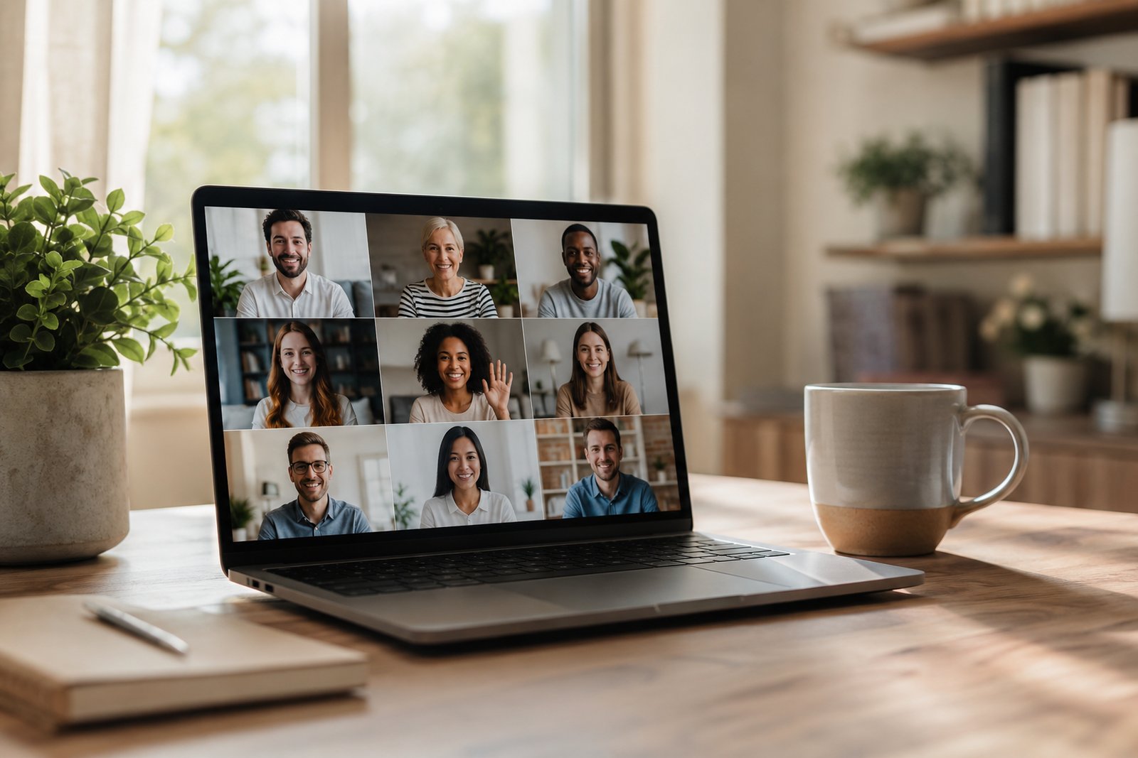 A laptop showing a tidy team chat with clear channels open, a world clock beside it hinting at collaborators across time zones.