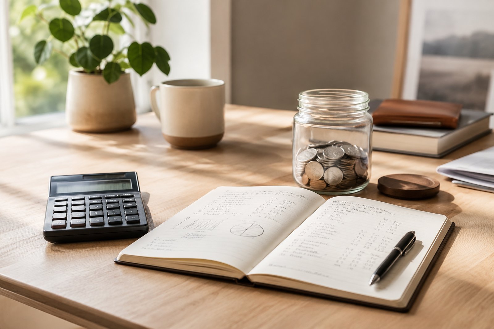 A musician at a kitchen table planning a release budget with a notebook, calculator, and laptop showing an ad dashboard.