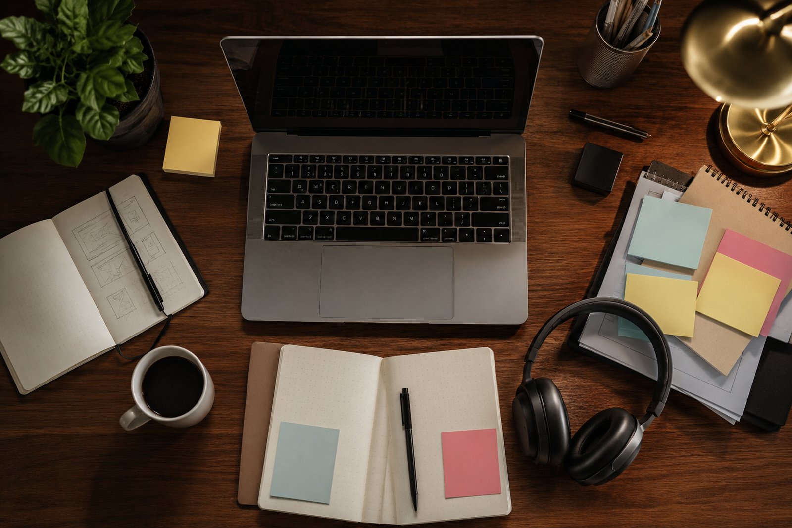An artist at a desk with a laptop showing several project boards side by side and a coffee, calm and in control rather than buried in chaos.
