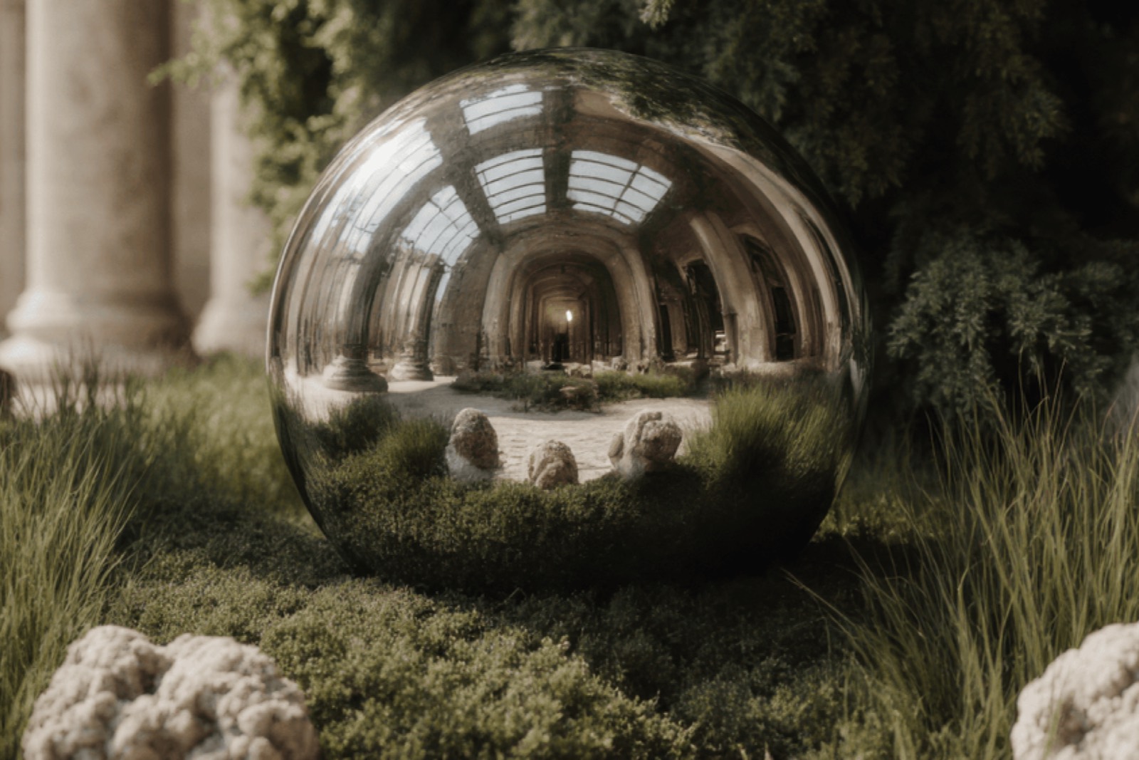 Official Sónar 2026 key art, a mirrored chrome sphere in a garden among classical columns