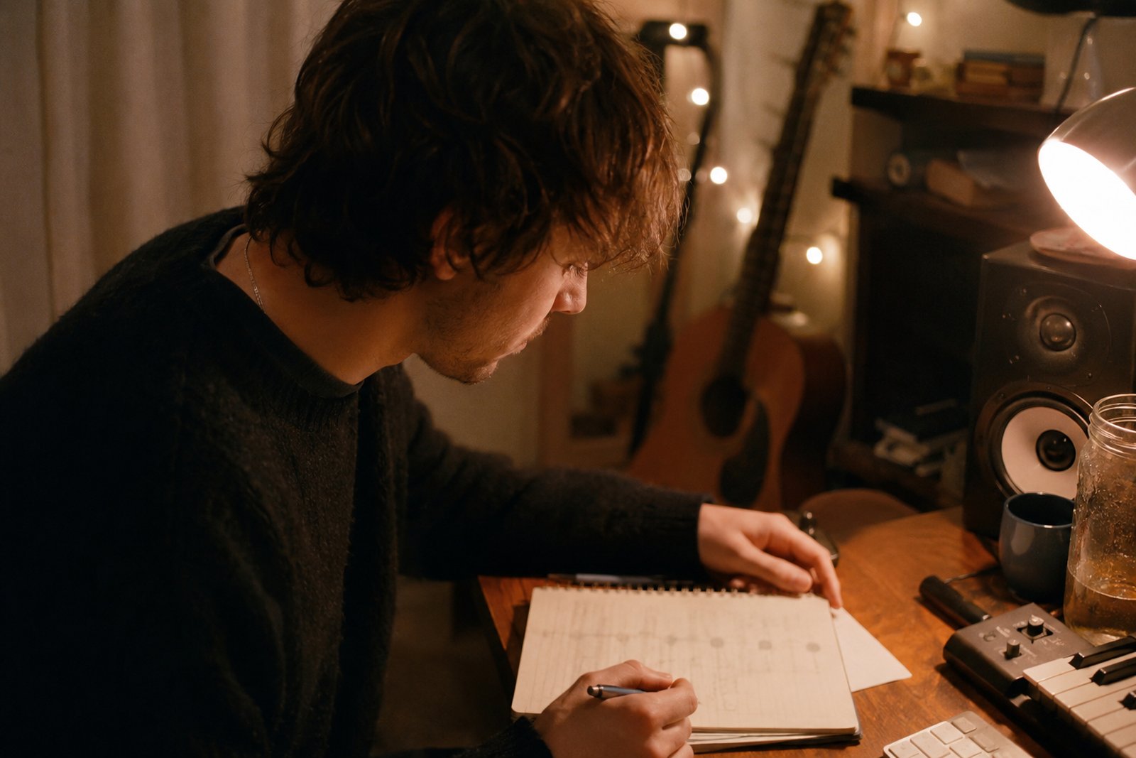 A young artist mapping out a yearly plan on a wall calendar with sticky notes in a small home studio.