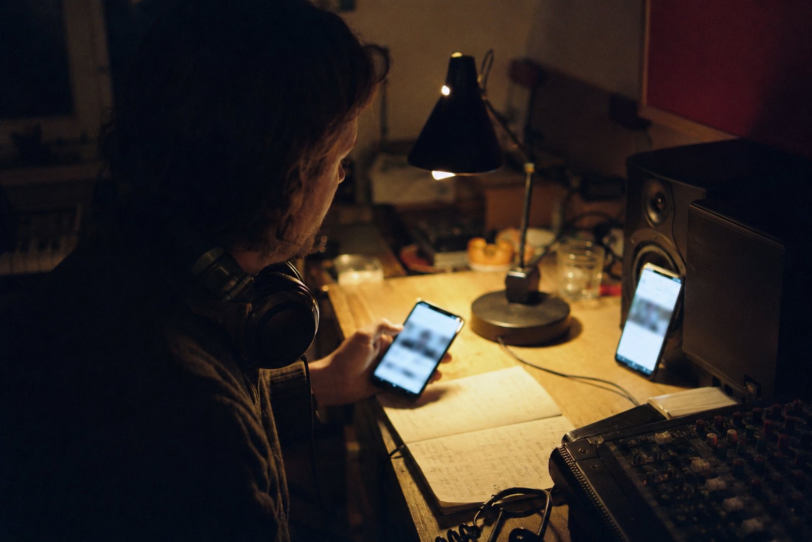 Musician comparing video takes on two phones at a desk at night