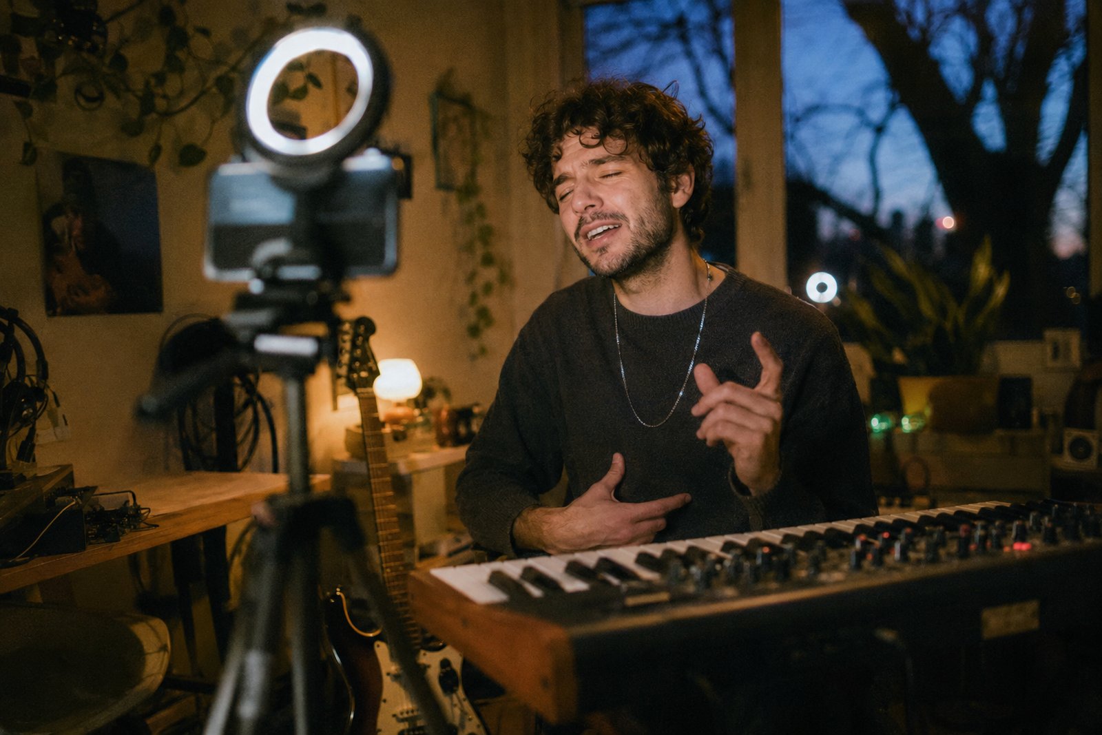 Musician filming a vertical video on a phone mounted on a tripod in a home studio
