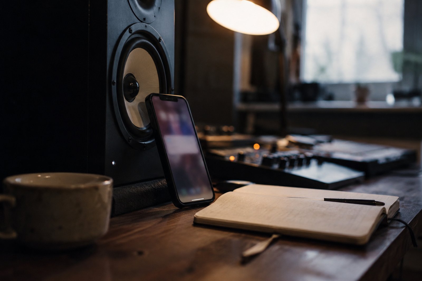 Close-up of a phone showing a text message notification beside studio monitors