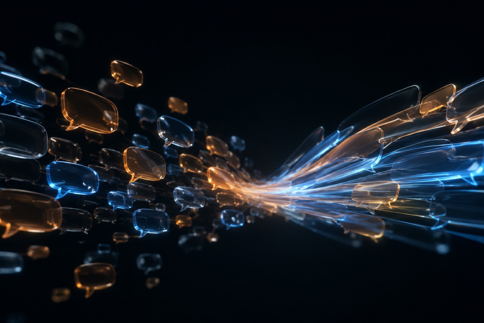 An abstract dark editorial image of glowing speech-bubble forms flowing into a single bright stream of light, suggesting scattered conversations converging into content.