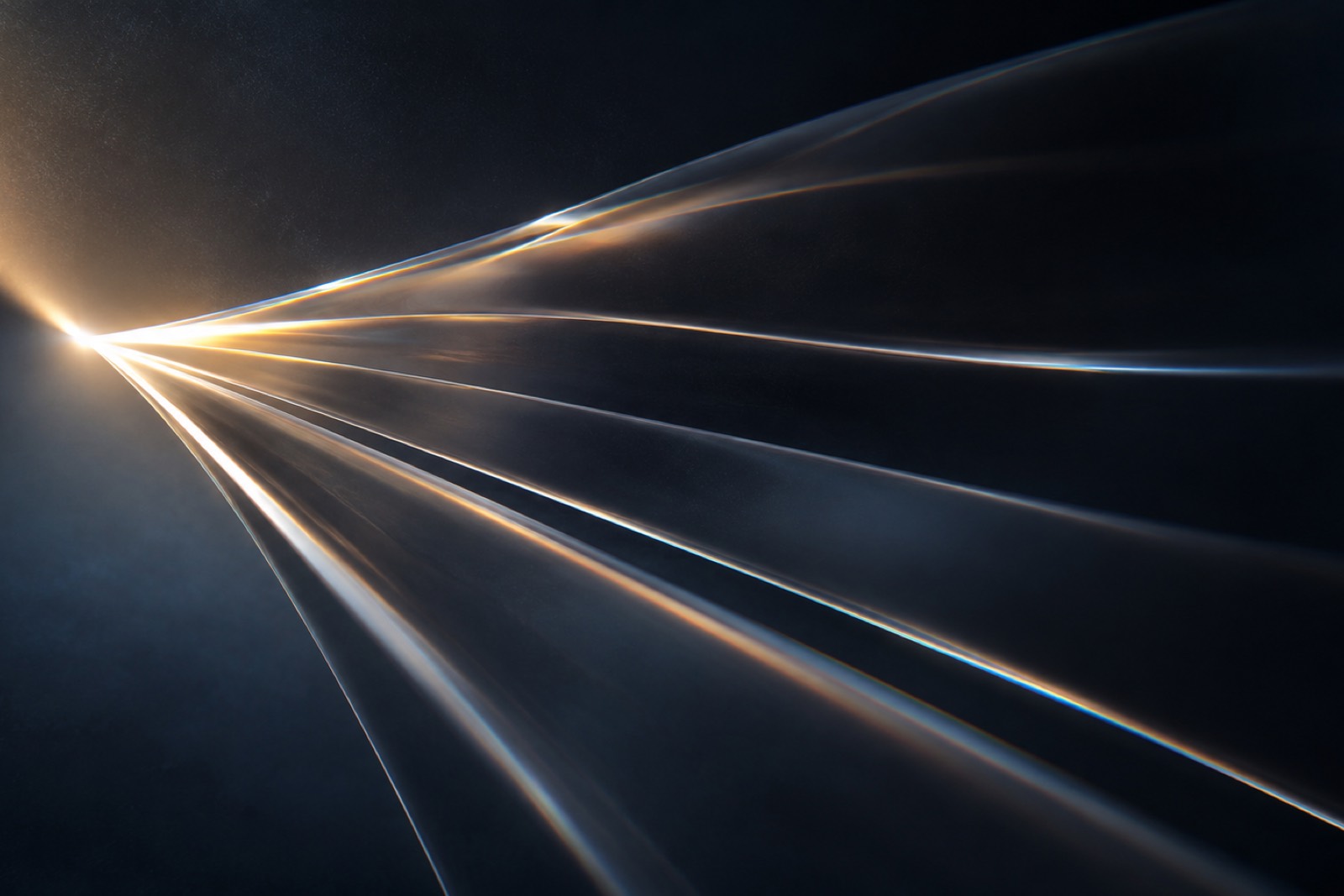 An abstract dark editorial image of a single beam of light fanning into multiple parallel ribbons, suggesting one source split into many, against a deep cinematic black.