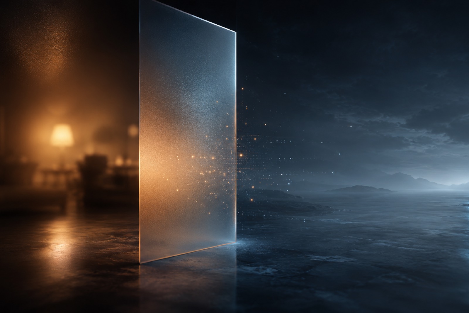 An abstract glass partition splitting a warm, glowing private interior from a cool, vast public space, lit in deep cinematic tones.