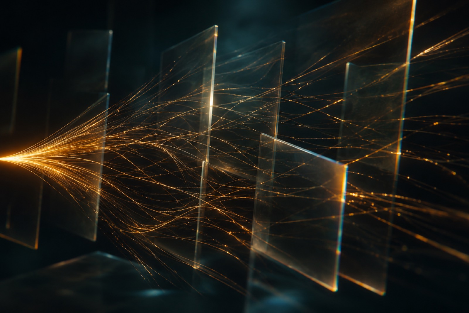 An abstract dark glass conceptual image of a single glowing thread of light branching into many smaller luminous threads, suggesting one conversation multiplying into reach.