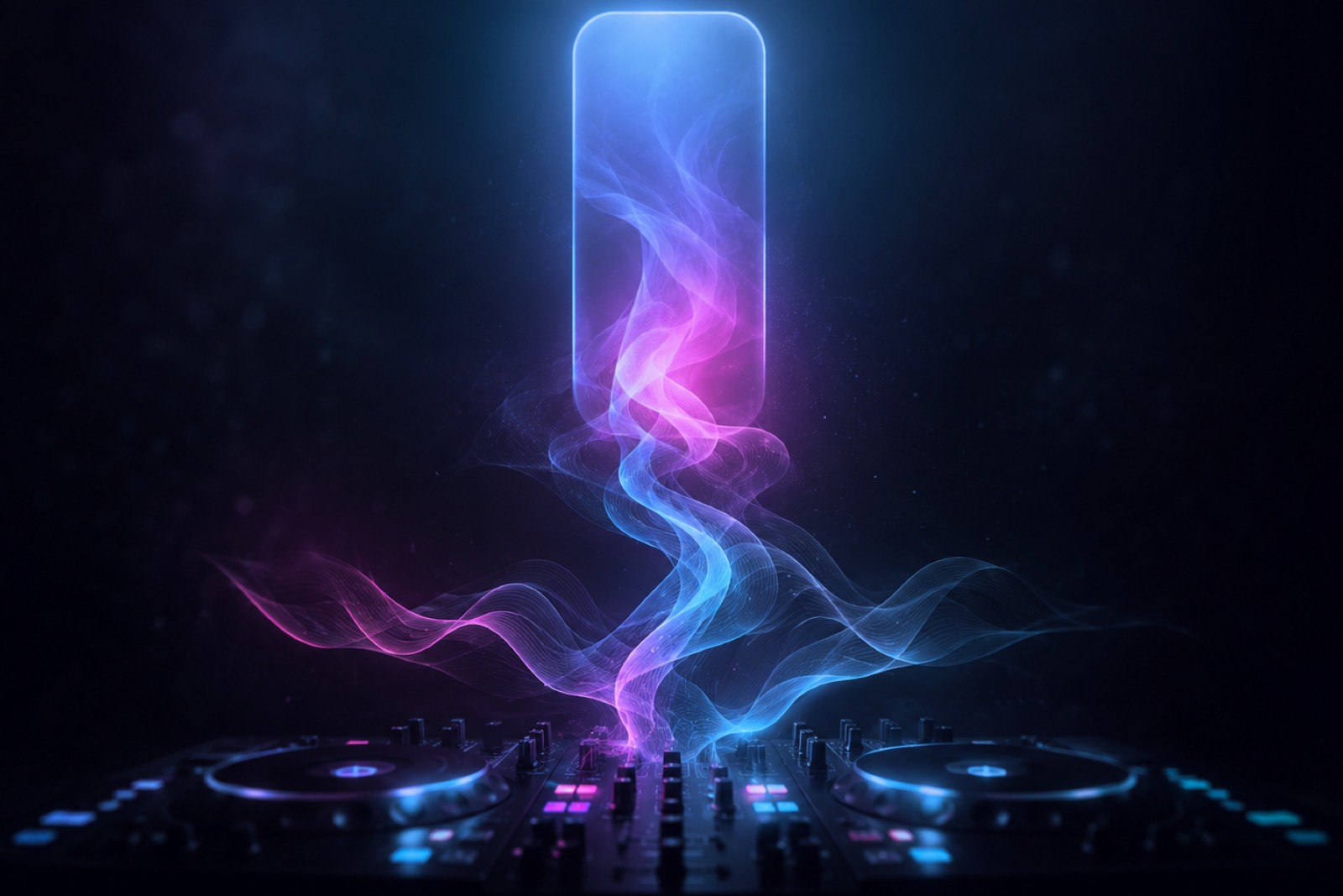 An abstract dark editorial render of glowing sound waves rising from a shadowed DJ mixer into a vertical phone-shaped beam of light, premium and cinematic.