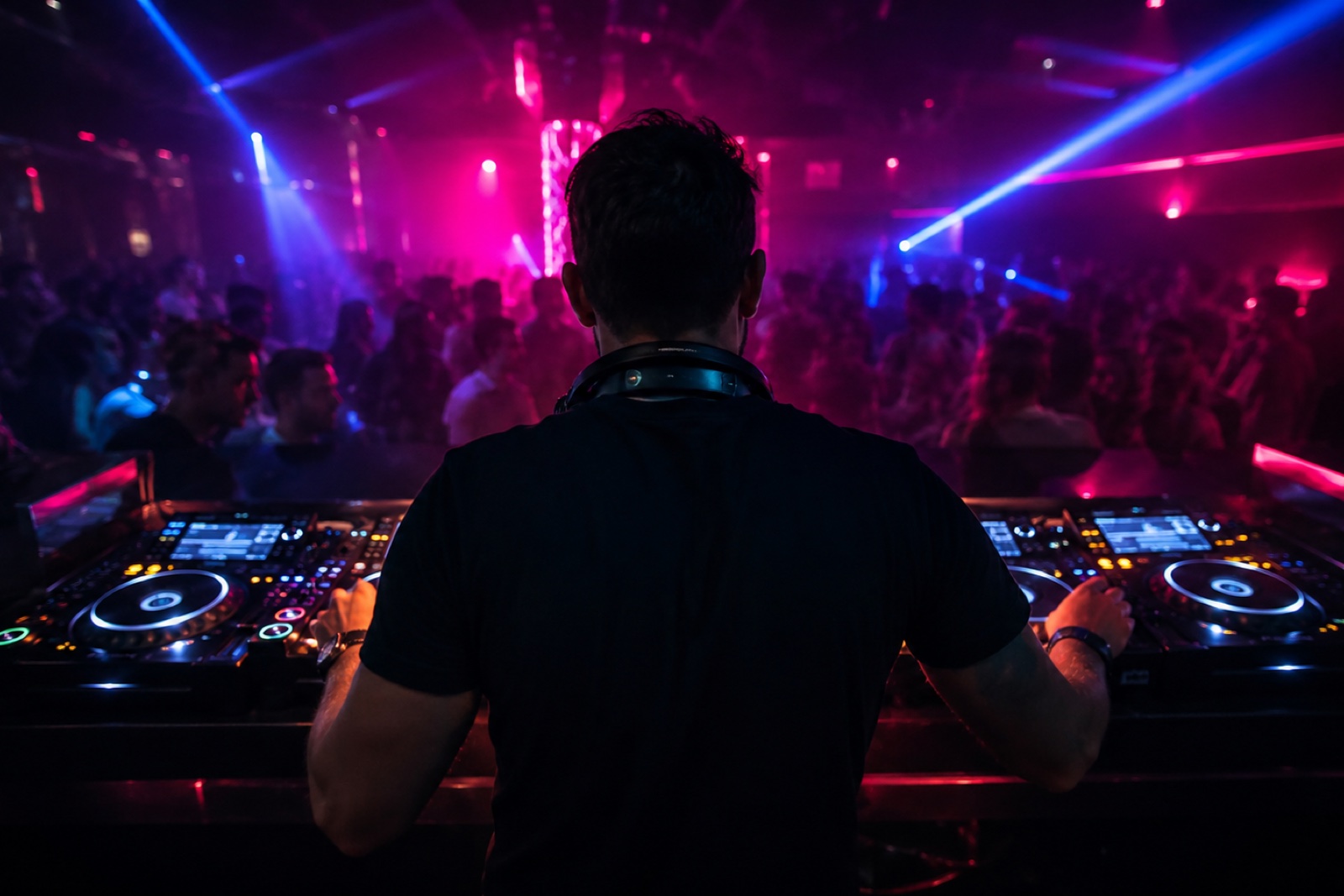 An abstract dark cinematic render of layered translucent glass panels stacked like a press kit, one panel glowing brighter as if selected, with soft volumetric light suggesting a club stage behind frosted surfaces.