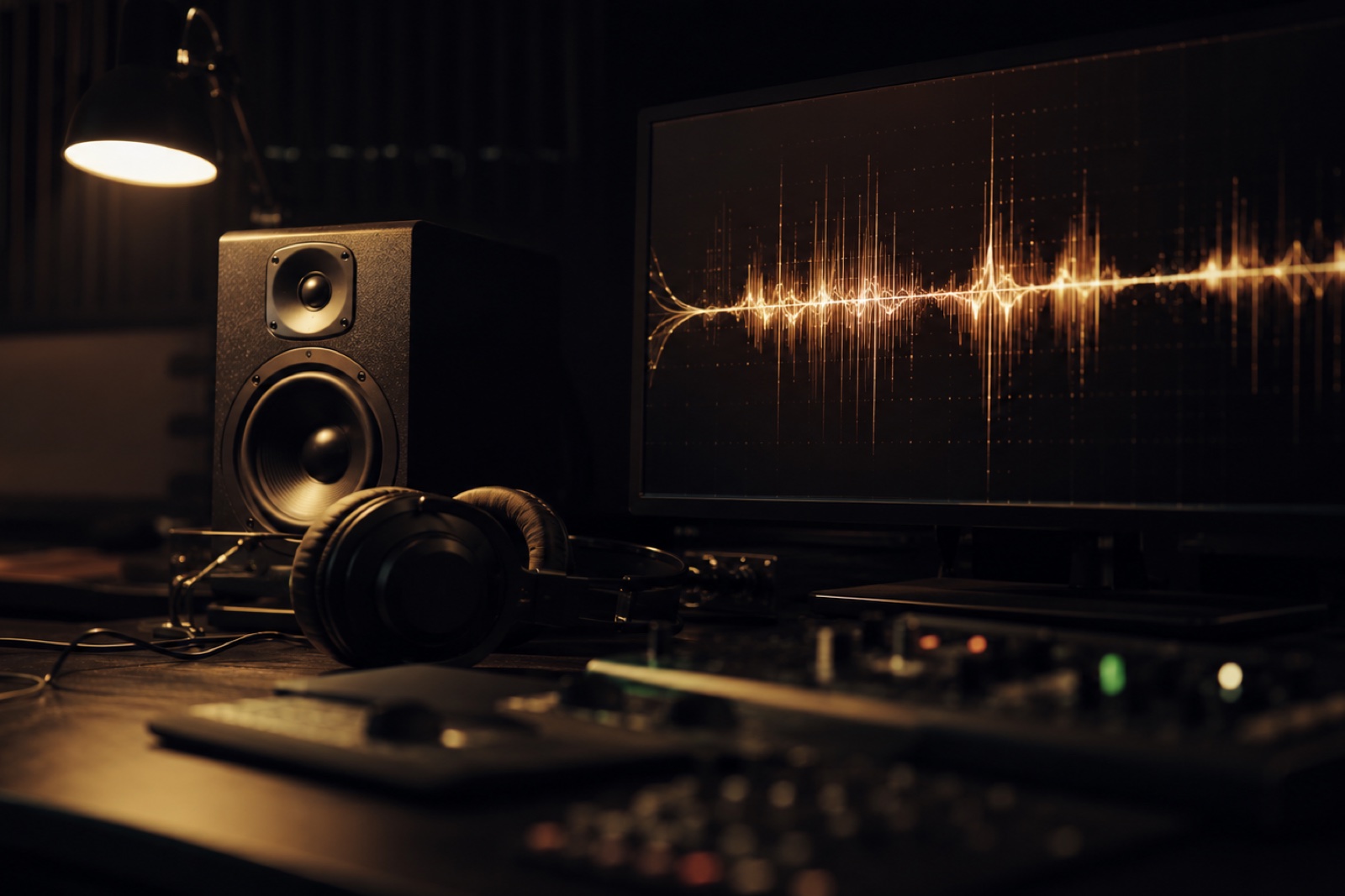 A dark cinematic close-up of a single glowing soundwave fragment suspended in black glass, the rest of the waveform fading into shadow, suggesting one revealed moment and a track still hidden.