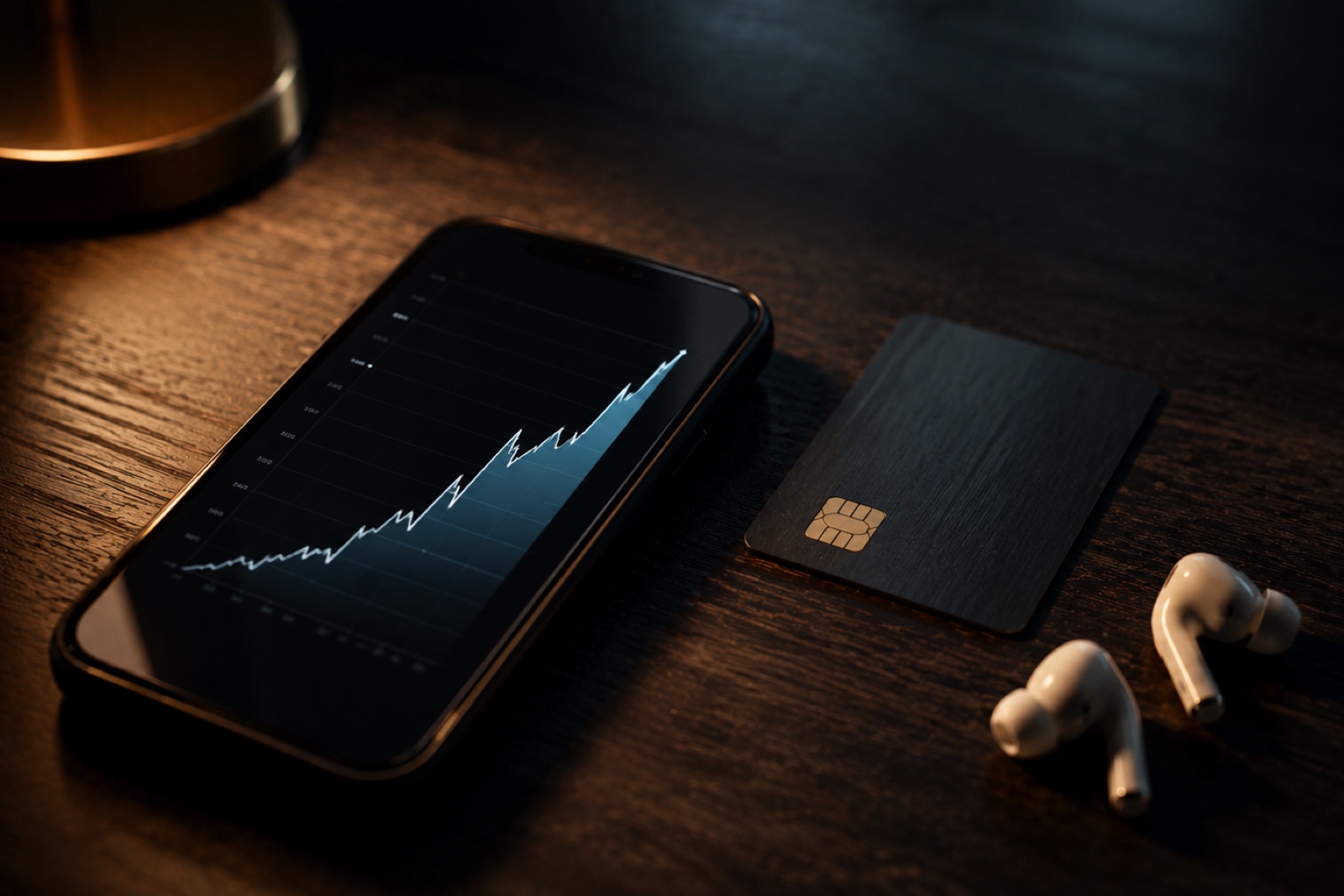 A smartphone glowing on a dark wooden desk showing a rising performance graph, a single bank card and wireless earbuds beside it, moody cinematic side lighting.