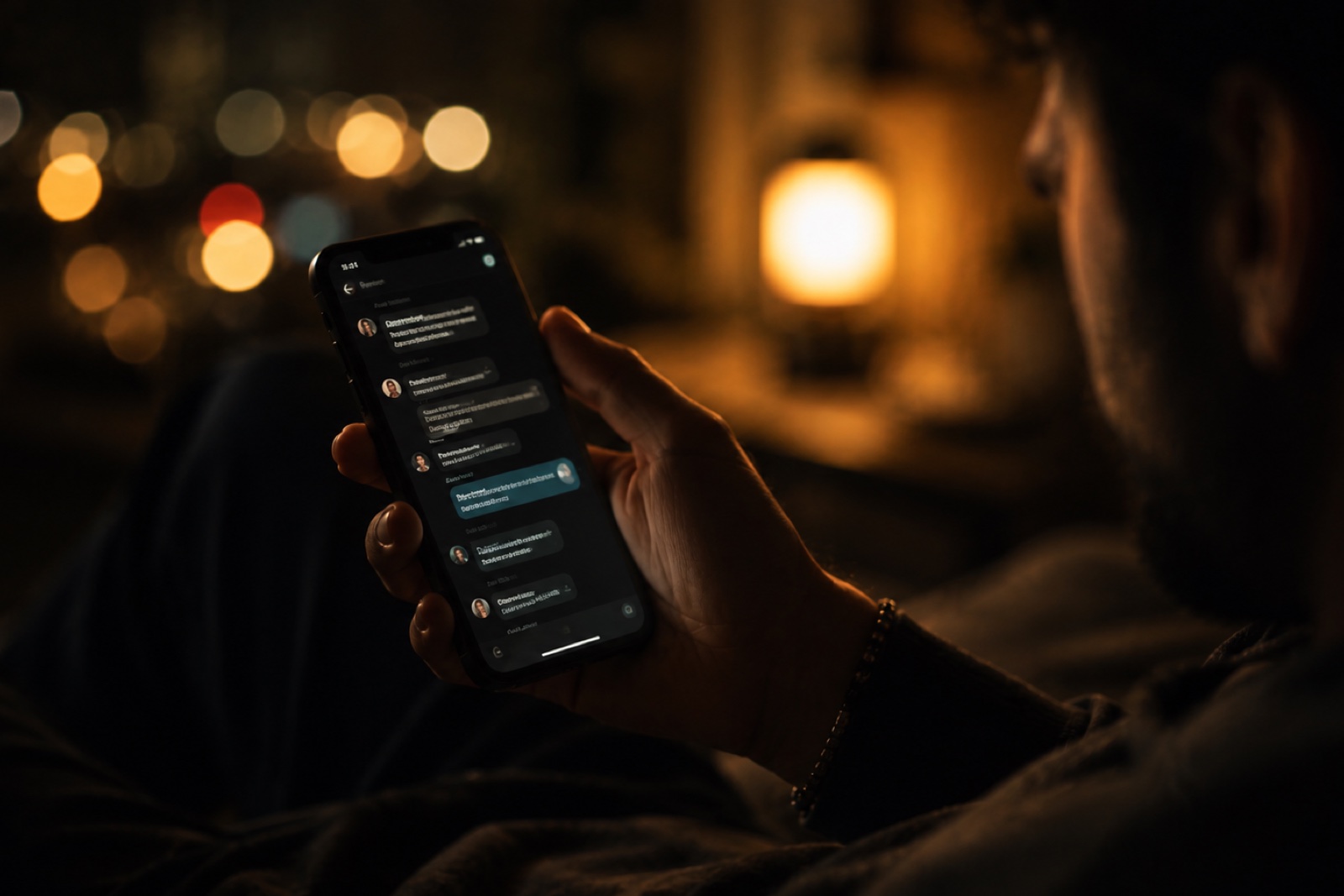 A person relaxing on a couch at night holding a glowing smartphone showing a messaging chat conversation, warm bokeh lights softly blurred behind.