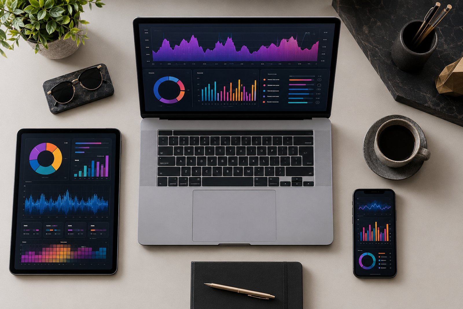 An artist viewing a single dashboard combining Spotify, Apple Music, YouTube, and social stats.