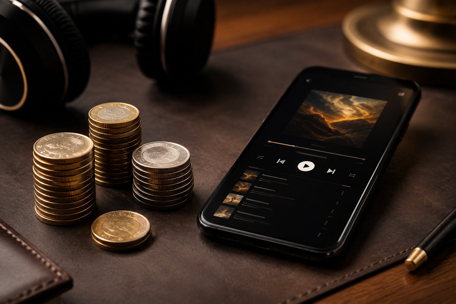An artist comparing per-song royalty statements spread across a desk with a calculator.