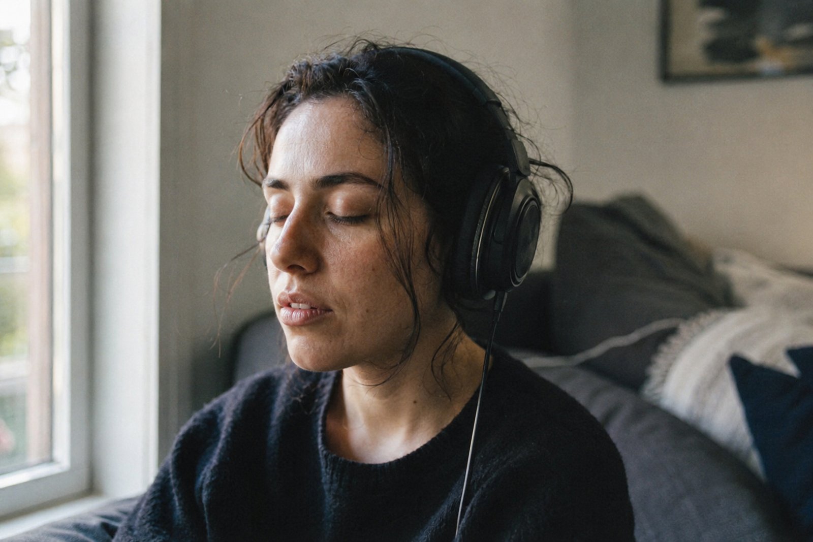 An artist studying repeat-listener and save patterns on an analytics screen in a dim studio.